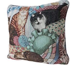 Vtg Tapestry Cat Throw Pillow Yarn Kitten Playful Cottagecore Grannycore